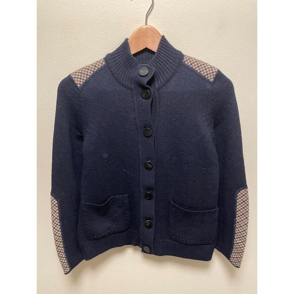 Aquascutum Womens Cardigan Medium Blue Plaid Trim Merino Wool Preppy Academia - Picture 1 of 9